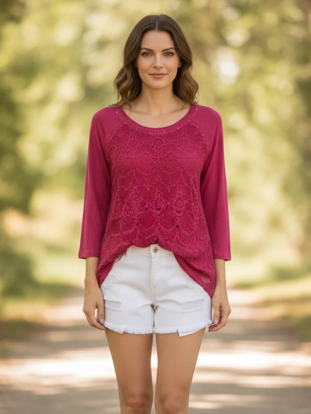 Reba Women’s Top, Lace, Rhinestone on Neckline,Roll Tab Sleeve,Pink,Large.